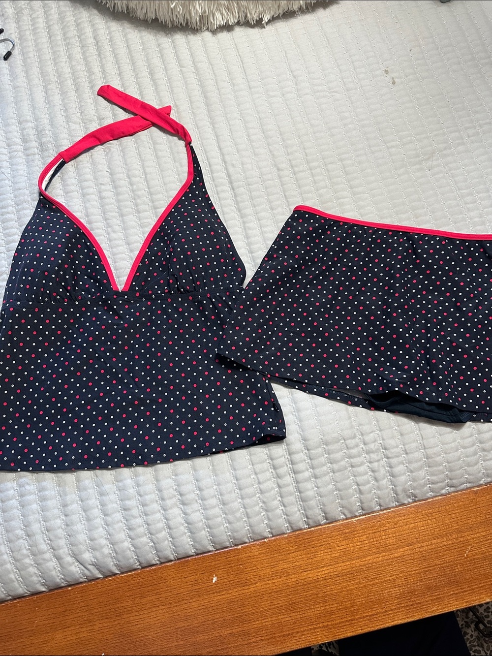 Nautica Navy Polka Dot Halter Tankini with Pink Trim